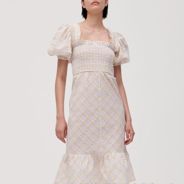 party dresses women square collar plaid midi dress high waist puff sleeve slim ladies trumpet ruffles trim long robe, White;black
party dresses women square collar plaid midi dress high waist puff sleeve slim ladies trumpet ruffles trim long robe, White;black