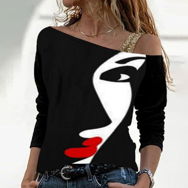 women's t-shirt autumn trend one shoulder diagonal collar patchwork hand painted face print t shirt streetwear casual long sleeve, White
women's t-shirt autumn trend one shoulder diagonal collar patchwork hand painted face print t shirt streetwear casual long sleeve, White