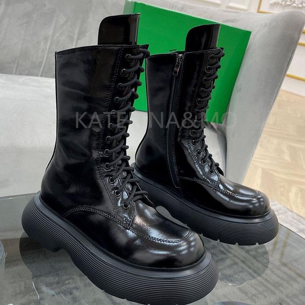 boots runway thick sole high women round toe real leather lace up flat platform shoes leisure ankle boot, Black