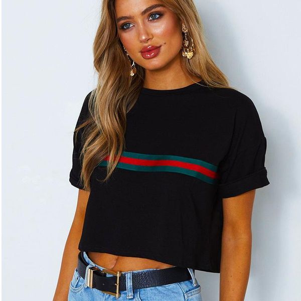 women's t-shirt summer 2021 round neck navel red and green striped short sleeve women, White
women's t-shirt summer 2021 round neck navel red and green striped short sleeve women, White