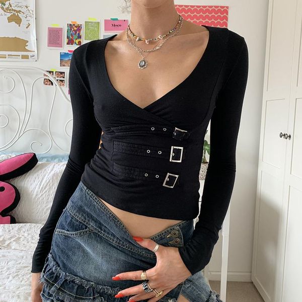 women's t-shirt fall woman fashion slim buckle latch long sleeve v-neck y2k tee shirt women short gothic girl crop female, White
women's t-shirt fall woman fashion slim buckle latch long sleeve v-neck y2k tee shirt women short gothic girl crop female, White