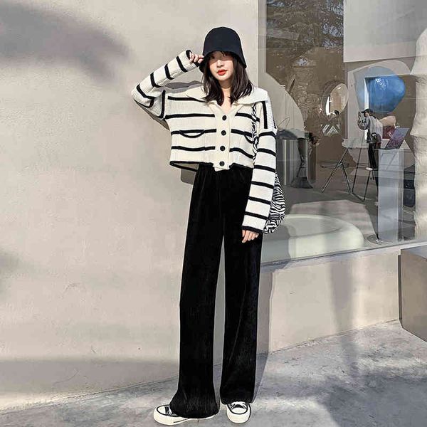 autumn winter style casual corduroy wide-leg pants women's high waist black slim straight velvet trousers 210514, Black;white
autumn winter style casual corduroy wide-leg pants women's high waist black slim straight velvet trousers 210514, Black;white