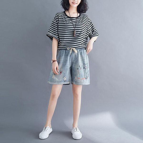 women's jeans denim shorts female summer 2021 cartoon embroidered elastic waist women wide leg pants loose casual, Blue 
women's jeans denim shorts female summer 2021 cartoon embroidered elastic waist women wide leg pants loose casual, Blue