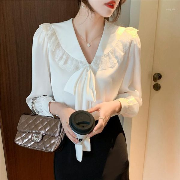 women's t-shirt 2021 autumn bow thin band, white shirt lace patchwork chiffon top
women's t-shirt 2021 autumn bow thin band, white shirt lace patchwork chiffon top