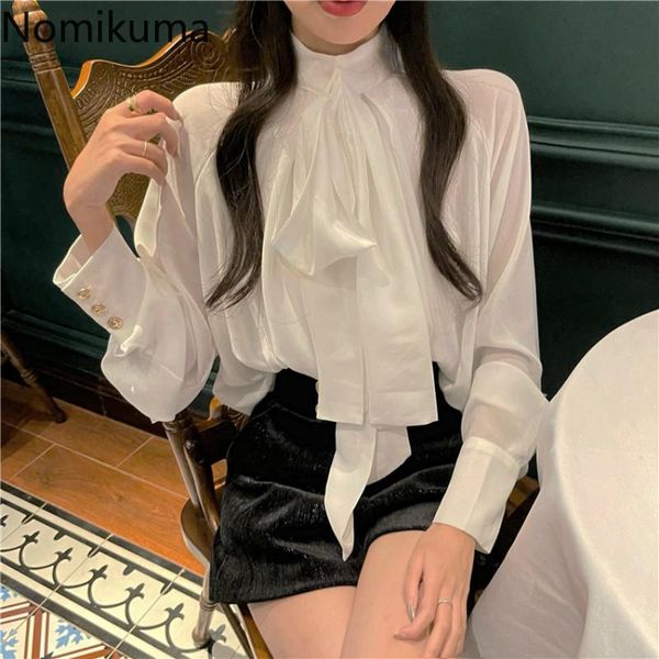 women's blouses & shirts nomikuma chiffon women stand collar ribbon lace up long sleeve elegant female korean chic blusas mujer 3d986, White 
women's blouses & shirts nomikuma chiffon women stand collar ribbon lace up long sleeve elegant female korean chic blusas mujer 3d986, White