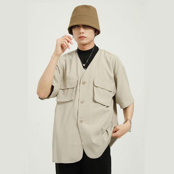 men korean style loose casual solid color v-neck pocket design short sleeve shirt for male streetwear vintage hip hop men's shirts, White;black
men korean style loose casual solid color v-neck pocket design short sleeve shirt for male streetwear vintage hip hop men's shirts, White;black