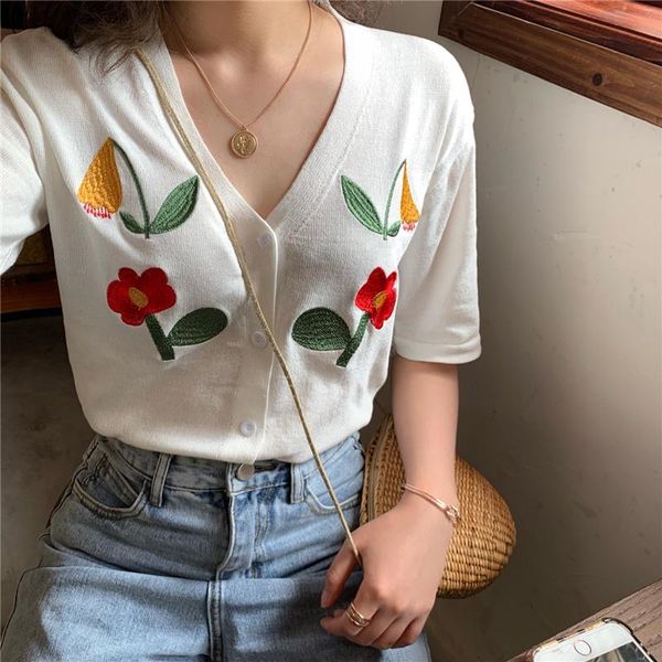 women's jackets women 2021 style korean clothes loose embroidered v-neck ice silk knitted short sleeve 586c, Black;brown
women's jackets women 2021 style korean clothes loose embroidered v-neck ice silk knitted short sleeve 586c, Black;brown