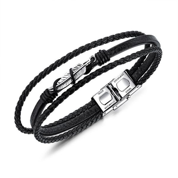 fashion feather shape men's leather bracelet vintage titanium steel multi-layer rope hand jewelry ornament charm bracelets, Golden;silver
fashion feather shape men's leather bracelet vintage titanium steel multi-layer rope hand jewelry ornament charm bracelets, Golden;silver