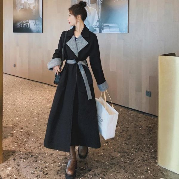women's wool & blends england style blend coat lapel big sashes autumn winter warm thick loose casual overcoat knee-length long jackets, Black
women's wool & blends england style blend coat lapel big sashes autumn winter warm thick loose casual overcoat knee-length long jackets, Black