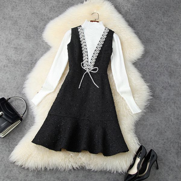 european and american women's wear winter style long-sleeved knit sweater fashionable beaded tweed dresses two-piece tse5, Black;gray
european and american women's wear winter style long-sleeved knit sweater fashionable beaded tweed dresses two-piece tse5, Black;gray
