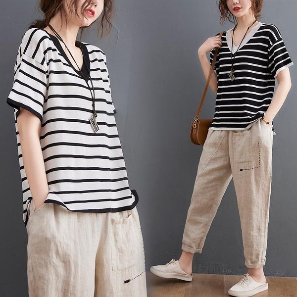 women's t-shirt summer clothes for women oversized female clothing v neck loose stripe shirt casual short sleeve retro, White
women's t-shirt summer clothes for women oversized female clothing v neck loose stripe shirt casual short sleeve retro, White