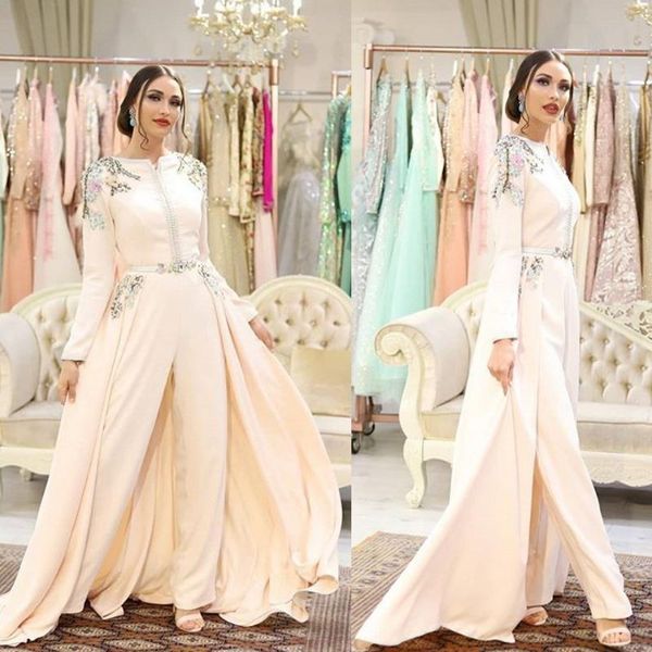 party dresses arabic prom dress jumpsuit with detachable train jewel neck appliqued long sleeve evening elegant formal gowns wear, White;black
party dresses arabic prom dress jumpsuit with detachable train jewel neck appliqued long sleeve evening elegant formal gowns wear, White;black