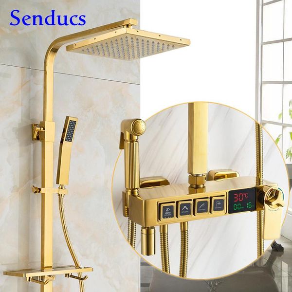 gold bathroom shower set withe 9 inch stainless steel head thermostatic bath system quality brass digital faucets sets
gold bathroom shower set withe 9 inch stainless steel head thermostatic bath system quality brass digital faucets sets