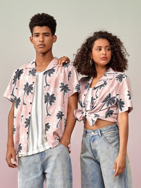 1pc palm tree print hawaiian shirt 95ga#, White;black 
1pc palm tree print hawaiian shirt 95ga#, White;black