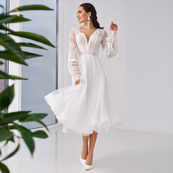 tea length v-neck wedding dresses 2021 lantern long sleeve bride dress ivory lace illusion button back boho beach short bridal gowns for wom, White
tea length v-neck wedding dresses 2021 lantern long sleeve bride dress ivory lace illusion button back boho beach short bridal gowns for wom, White