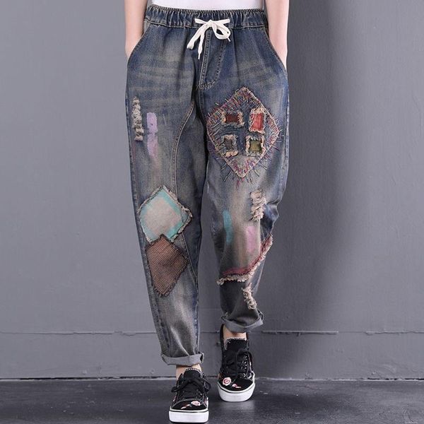 women's jeans spring fashion women vintage embroidery patchwork loose cotton denim harem pants ladies drawstring ripped hole d98, Blue
women's jeans spring fashion women vintage embroidery patchwork loose cotton denim harem pants ladies drawstring ripped hole d98, Blue