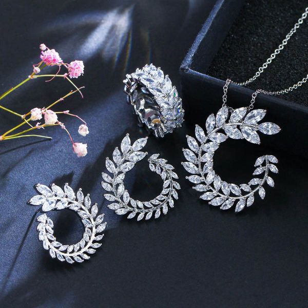 popular leaf chain ring necklace three piece set 3a zircon horse eye earrings, Black
popular leaf chain ring necklace three piece set 3a zircon horse eye earrings, Black
