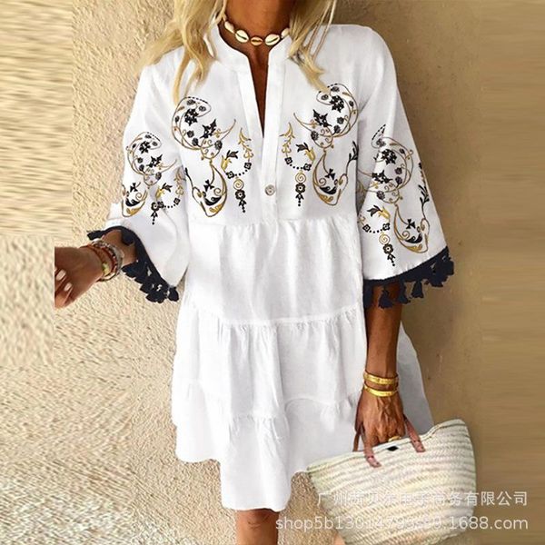 casual dresses 2021 v-neck retro print fringed mid-sleeve dress summer, Black;gray 
casual dresses 2021 v-neck retro print fringed mid-sleeve dress summer, Black;gray