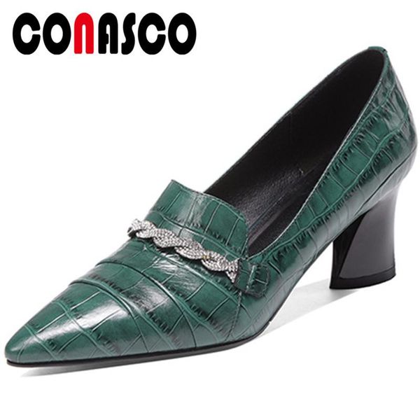 dress shoes conasco 2021 arrival woman pumps genuine leather spring autumn casual shallow rhinestone pointed toe thick heels, Black 
dress shoes conasco 2021 arrival woman pumps genuine leather spring autumn casual shallow rhinestone pointed toe thick heels, Black