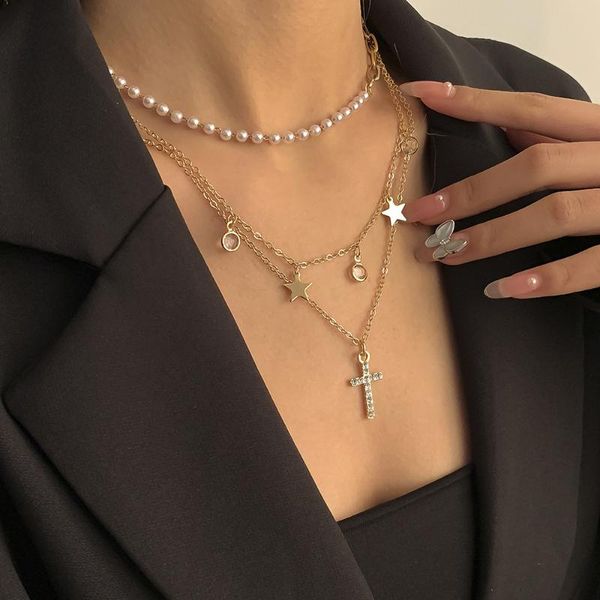 pendant necklaces trend kpop multilayer crystal cross necklace gold metal star imitation pearl choker for women charm jewelry, Silver
pendant necklaces trend kpop multilayer crystal cross necklace gold metal star imitation pearl choker for women charm jewelry, Silver