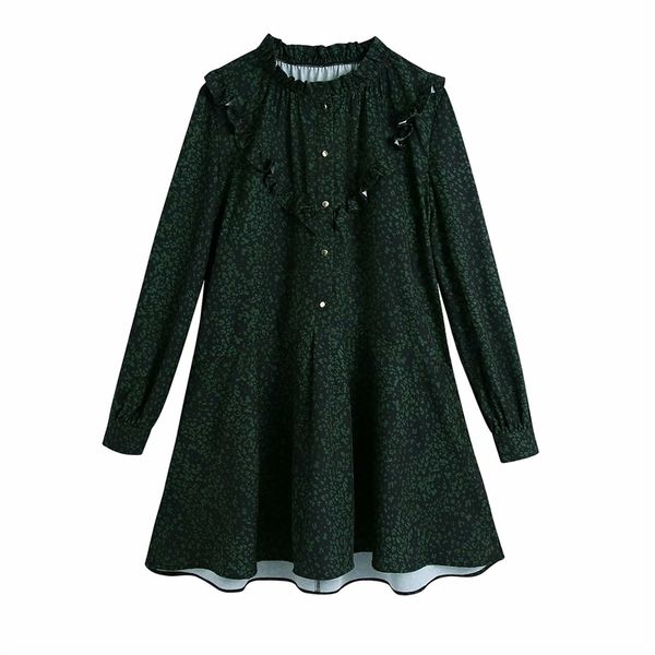 vintage women green print dresses fashion ladies ruffles stand collar elegant female streetwear button mini 210427, Black;gray
vintage women green print dresses fashion ladies ruffles stand collar elegant female streetwear button mini 210427, Black;gray