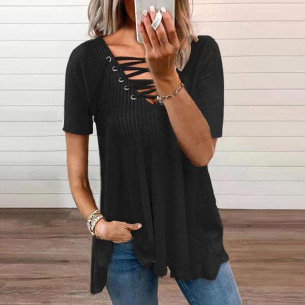 women's t-shirt women fashion lace-up v-neck short sleeve blouse loose solid ladies tee shirt femme style casual, White
women's t-shirt women fashion lace-up v-neck short sleeve blouse loose solid ladies tee shirt femme style casual, White