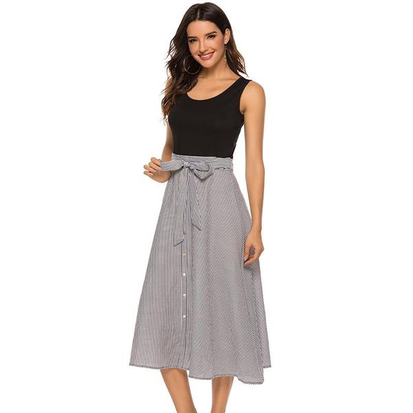 casual dresses spring and summer women stripes patchwork midi dress sleeveless bow belt high waist tank vestidos, Black;gray
casual dresses spring and summer women stripes patchwork midi dress sleeveless bow belt high waist tank vestidos, Black;gray