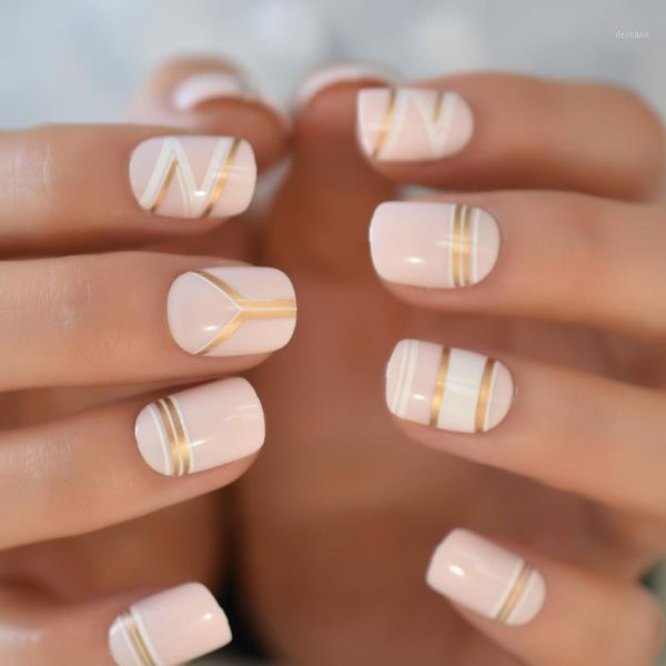 nude color fake nails full cover nail tips squoval medium press on with striped pattern1, Red;gold
nude color fake nails full cover nail tips squoval medium press on with striped pattern1, Red;gold