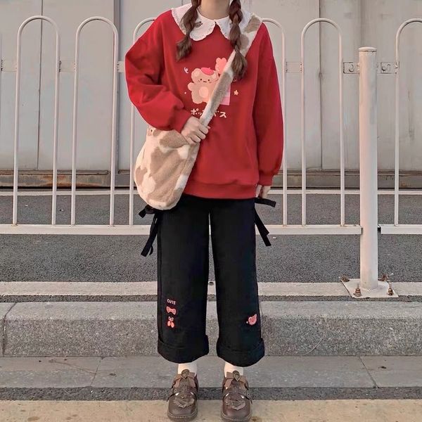women's pants & capris kawaii women japanese soft girl cute bear embroidery wide leg black loose trousers elastic waist teen v17s, Black;white
women's pants & capris kawaii women japanese soft girl cute bear embroidery wide leg black loose trousers elastic waist teen v17s, Black;white