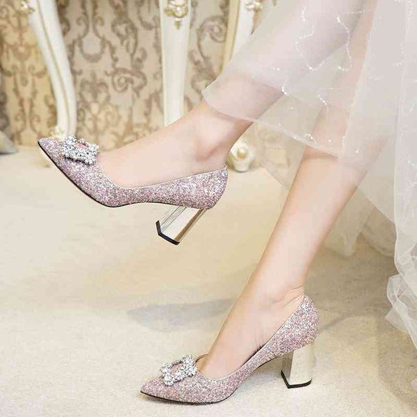 wedding dress shoes women's thick heels pregnant bride red sequins high princess crystal, Black
