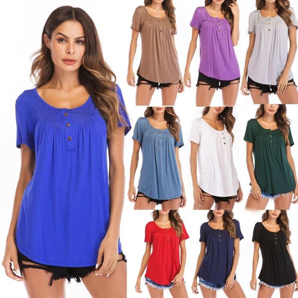 women's t-shirt simple casual short-sleeved trendy women clothing round neck button decoration long solid clothes, White
women's t-shirt simple casual short-sleeved trendy women clothing round neck button decoration long solid clothes, White