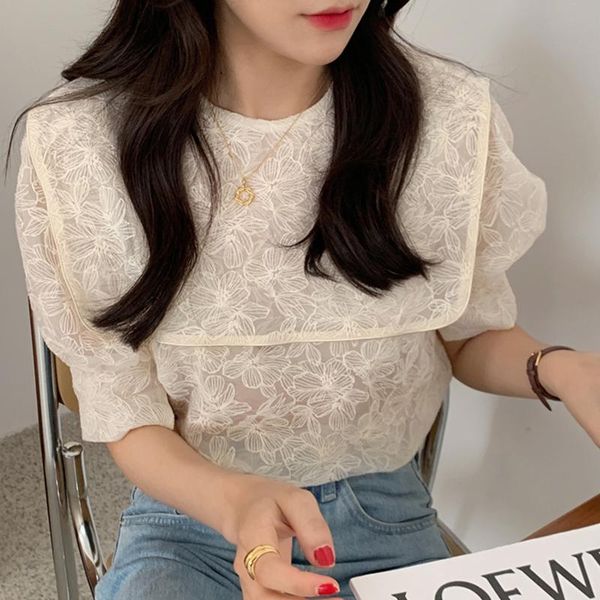 women's polos korea chic summer age reduction gentle navy collar heavy embroidery lace crochet loose puff sleeve shirt, White
women's polos korea chic summer age reduction gentle navy collar heavy embroidery lace crochet loose puff sleeve shirt, White