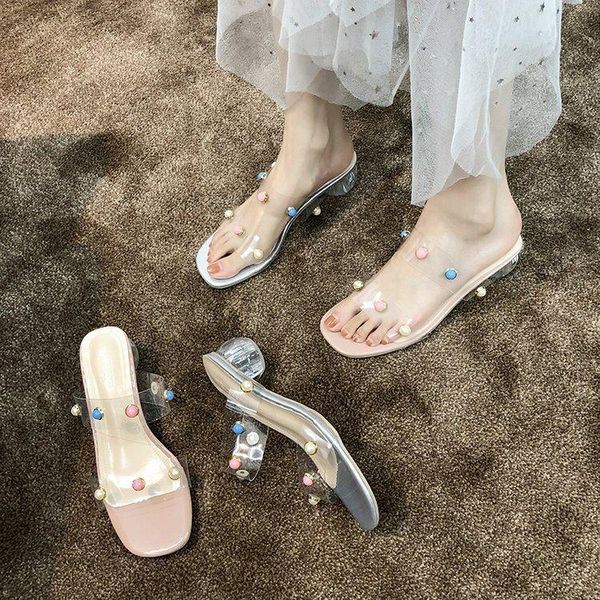 slippers women's shoe summer thick-heeled transparent rivet jewelry pearl medium-heeled shoes, Black
slippers women's shoe summer thick-heeled transparent rivet jewelry pearl medium-heeled shoes, Black