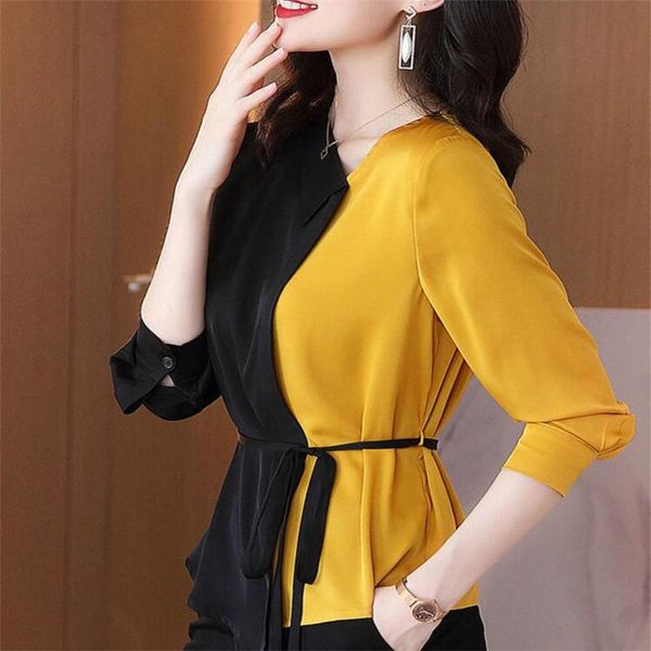 women's blouses & shirts office feminine color contrast lmitation silk long-sleeved loose tee slim belt pullover blusas women casual, White
women's blouses & shirts office feminine color contrast lmitation silk long-sleeved loose tee slim belt pullover blusas women casual, White