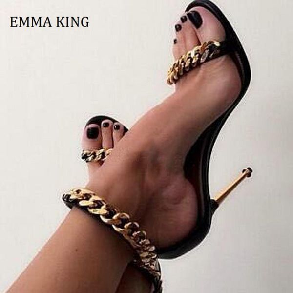 gold chain design iron heel sandals ankle wrap stiletto formal dress shoes runway summer, Black 
gold chain design iron heel sandals ankle wrap stiletto formal dress shoes runway summer, Black