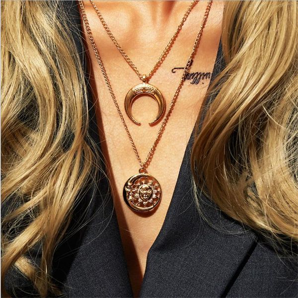 chokers vintage double layer pendant moon necklace for women gold color sun charm choker necklaces boho fashion jewelry gift, Golden;silver
chokers vintage double layer pendant moon necklace for women gold color sun charm choker necklaces boho fashion jewelry gift, Golden;silver