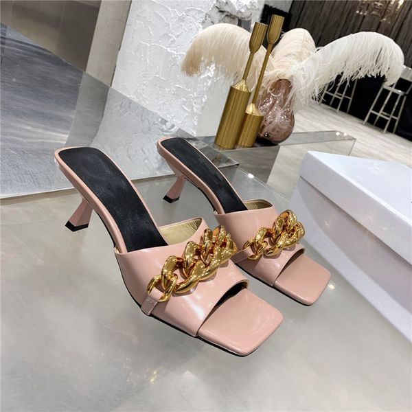 2021 summer open toe slippers women's high naked color heels sandals luxury designer metal chain decorative leather wedding shoes 35-41, Black
2021 summer open toe slippers women's high naked color heels sandals luxury designer metal chain decorative leather wedding shoes 35-41, Black