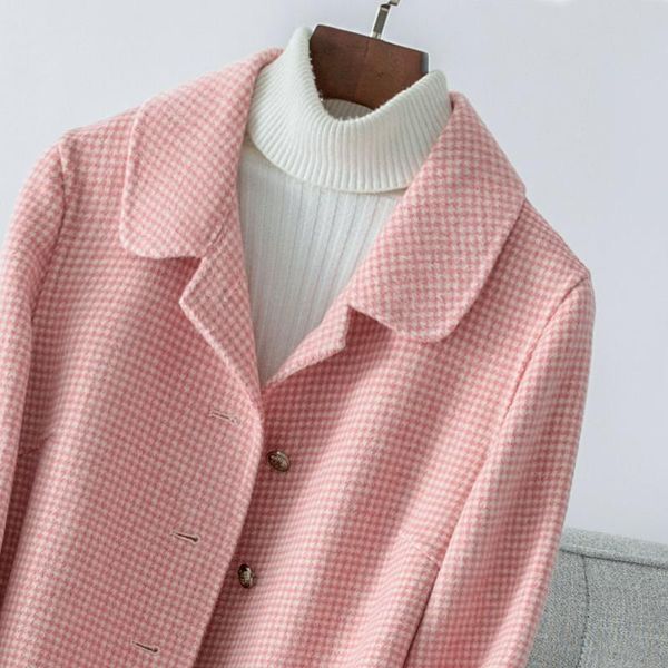 women's wool & blends pink plaid double-sided cashmere coat a-line version over the knee medium and long thousand bird coa, Black
women's wool & blends pink plaid double-sided cashmere coat a-line version over the knee medium and long thousand bird coa, Black