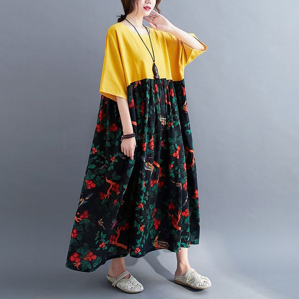 johnature women vintage print floral dresses cotton blend patchwork color clothes autumn female casual loose dresses 210521, Black;gray 
johnature women vintage print floral dresses cotton blend patchwork color clothes autumn female casual loose dresses 210521, Black;gray