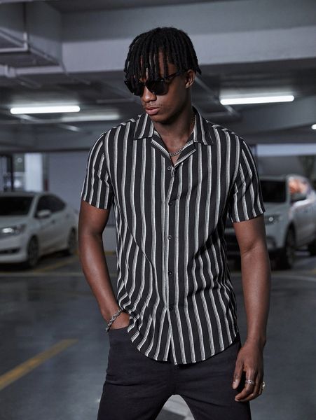 men 1pc striped curved hem shirt 888y#, White;black