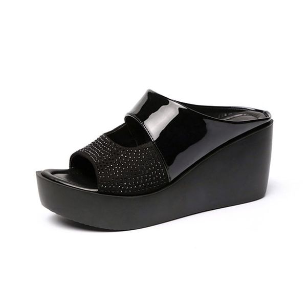 peep toe slippers women summer shoes thick sole ladies flat platform comfortable wedges heels .5cm a3459, Black