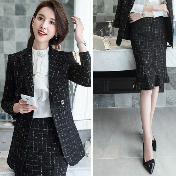 work dresses office uniform ladies elegant skirt suits women black white plaid long with blazer autumn winter jacket and set, White;black
work dresses office uniform ladies elegant skirt suits women black white plaid long with blazer autumn winter jacket and set, White;black