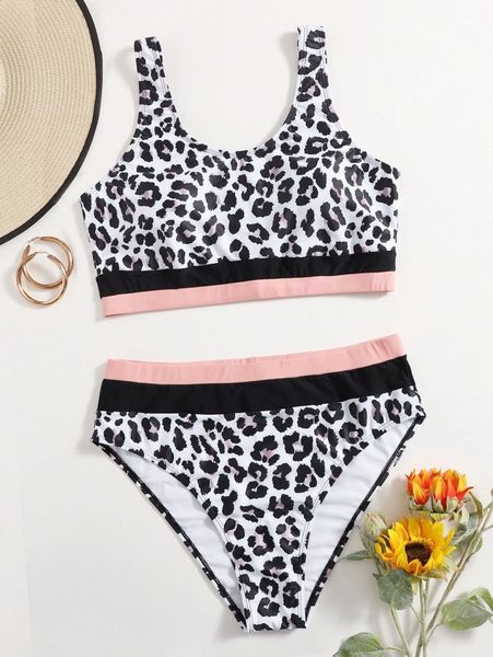 plus leopard hem stripe bikini swimsuit 67qd#, Black 
plus leopard hem stripe bikini swimsuit 67qd#, Black