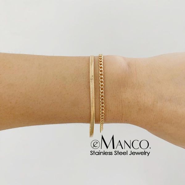 link, chain e-manco chic double layered snake cuban simple bracelet 316l stainless steel gold plated women fashion body jewelry, Black
link, chain e-manco chic double layered snake cuban simple bracelet 316l stainless steel gold plated women fashion body jewelry, Black