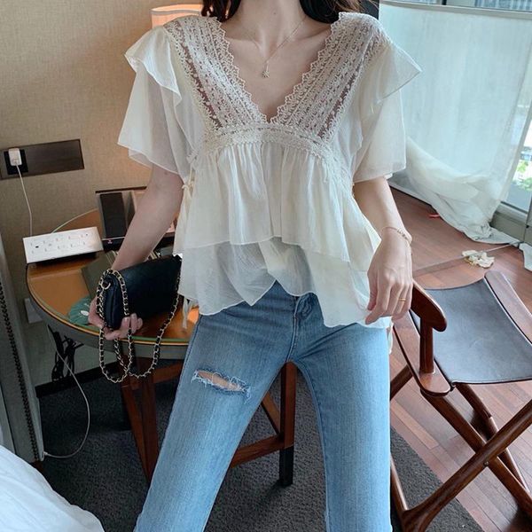 women's blouses & shirts loose chiffon blouse womens clothing summer 2021 ruffled short sleeved crop fashion solid v-neck lady offi, White
women's blouses & shirts loose chiffon blouse womens clothing summer 2021 ruffled short sleeved crop fashion solid v-neck lady offi, White