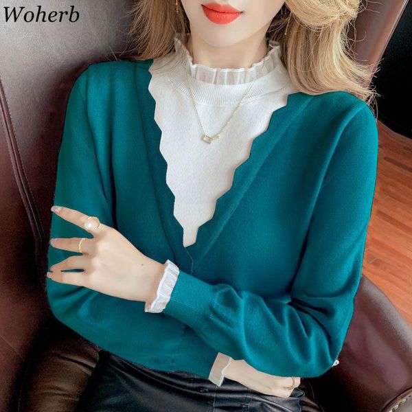 women's sweaters woherb 2021 woman chic fake two piece knitted pullovers mujer stand neck slim fit temperament jumper pull femme, White;black
women's sweaters woherb 2021 woman chic fake two piece knitted pullovers mujer stand neck slim fit temperament jumper pull femme, White;black
