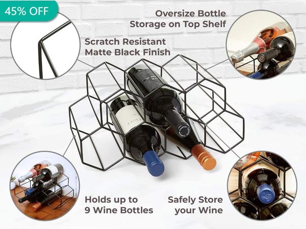 hooks & rails modern metal honeycomb wine rack bottle storage beehive tablehexagon 9 holder display
hooks & rails modern metal honeycomb wine rack bottle storage beehive tablehexagon 9 holder display