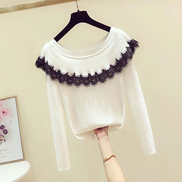 women's sweaters lace stitching horizontal neck sweater clothes 2021 autumn winter fashion long-sleeved slim thin knitwear, White;black
women's sweaters lace stitching horizontal neck sweater clothes 2021 autumn winter fashion long-sleeved slim thin knitwear, White;black