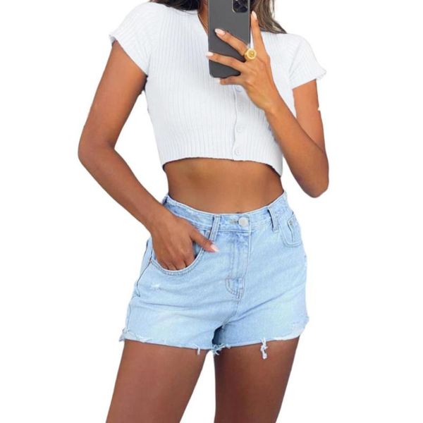 women summer button down crop v neck solid color short sleeve rib knit t-shirts women's t-shirt, White
women summer button down crop v neck solid color short sleeve rib knit t-shirts women's t-shirt, White