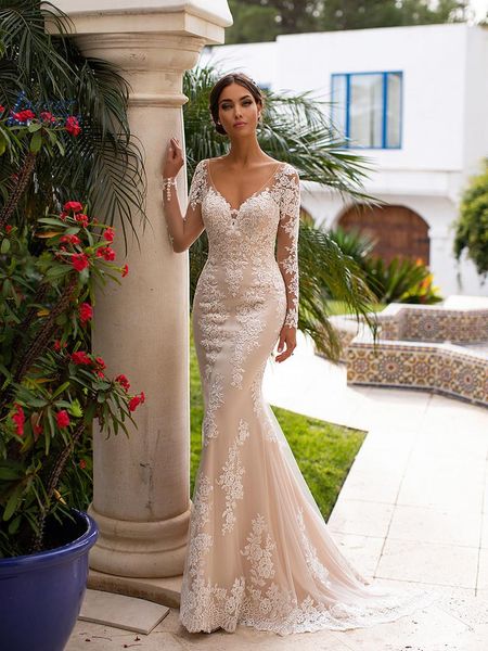 other wedding dresses champagne mermaid illusion long sleeves v-neck lace applique backless bridal gown elegant train vestido de noiva, White
other wedding dresses champagne mermaid illusion long sleeves v-neck lace applique backless bridal gown elegant train vestido de noiva, White